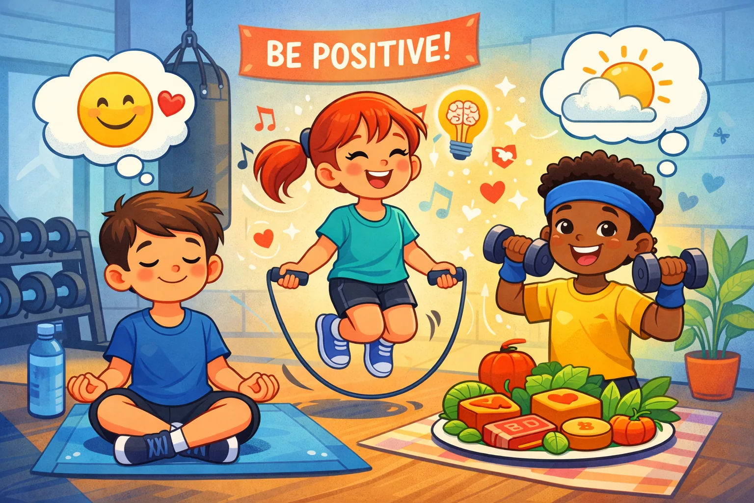 Illustrazzjoni li tirrappreżenta taħriġ tas-saħħa għaż-żgħażagħ, tfal jeżerċitaw fil-ġinnasju b'tagħmir tal-fitness