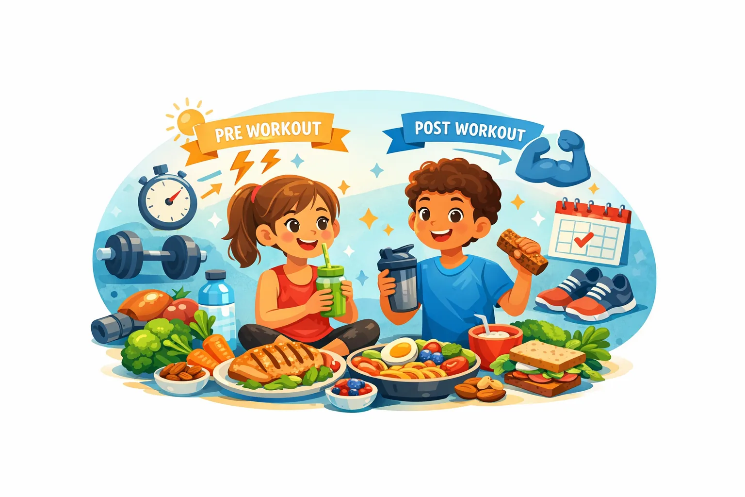Illustrazzjoni ta’ tifel jipprepara ikel bnin b’frott, ħaxix u qamħ sħiħ biex jappoġġa t-taħriġ