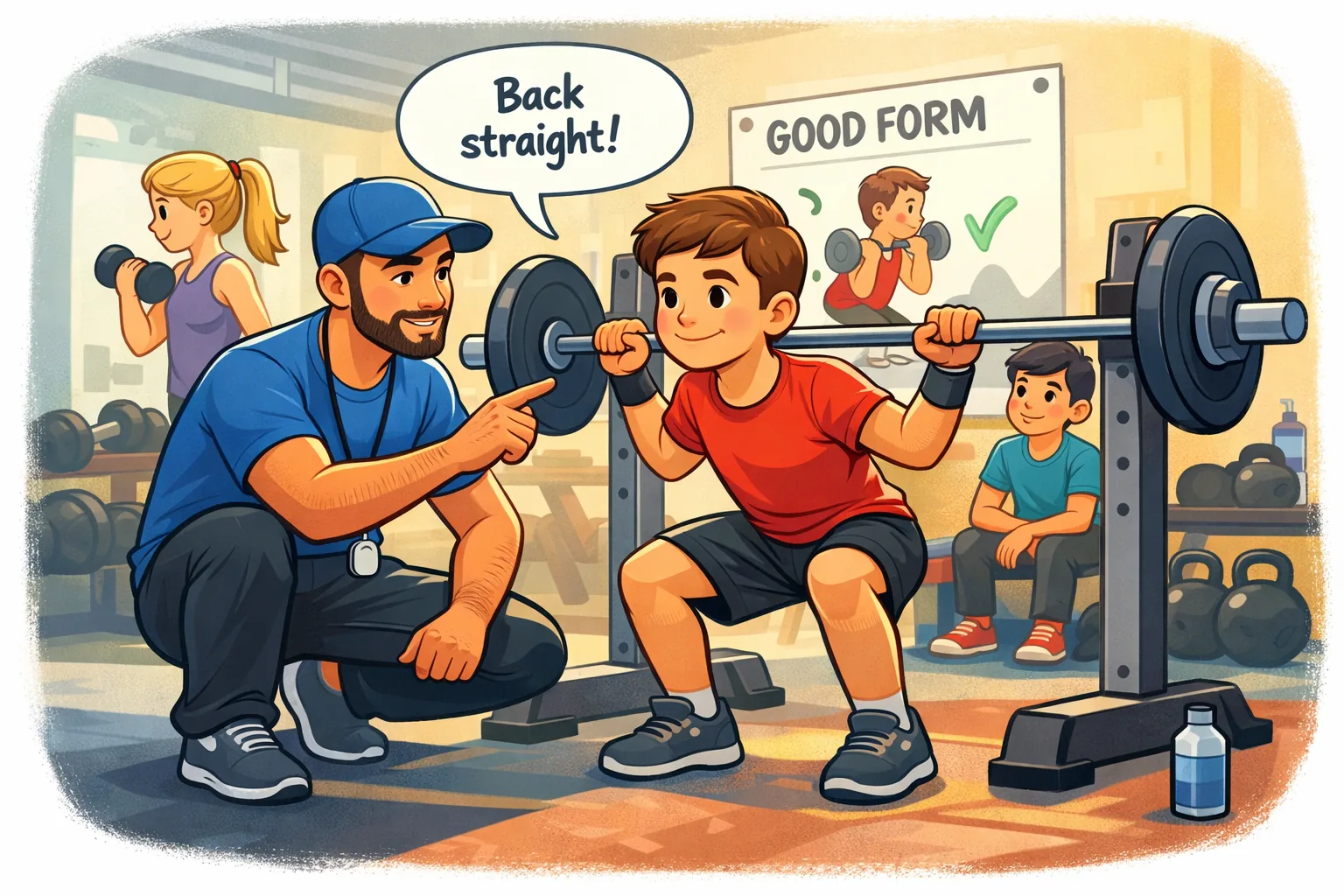 Illustrazzjoni li tirrappreżenta taħriġ tas-saħħa għaż-żgħażagħ, tfal jeżerċitaw fil-ġinnasju b'tagħmir tal-fitness